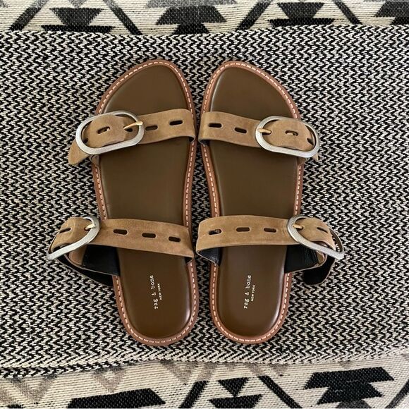 RAG & BONE ANSLEY DOUBLE SUEDE STRAP LEATHER SLIDE TAN SILVER
BUCKLES Sz-39/9 - Picture 3 of 9